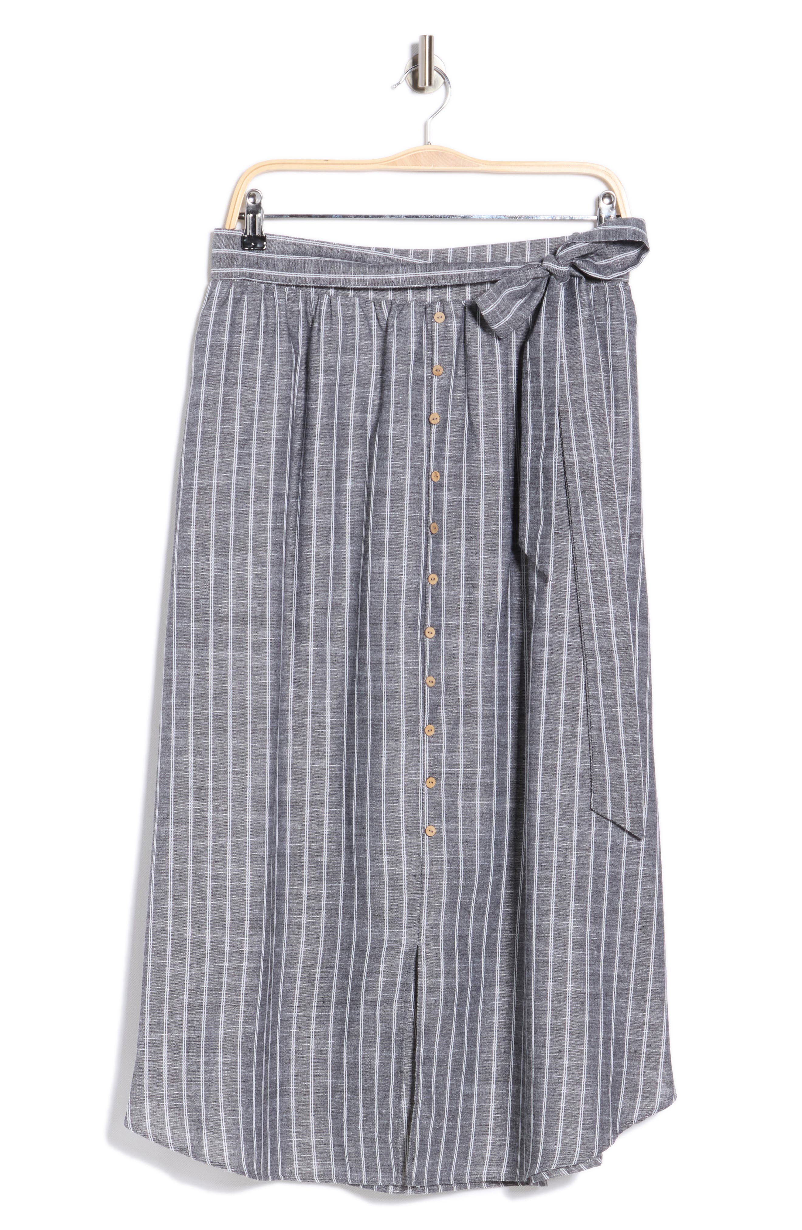 Renee C Stripe Tie Waist Linen Blend Midi Skirt