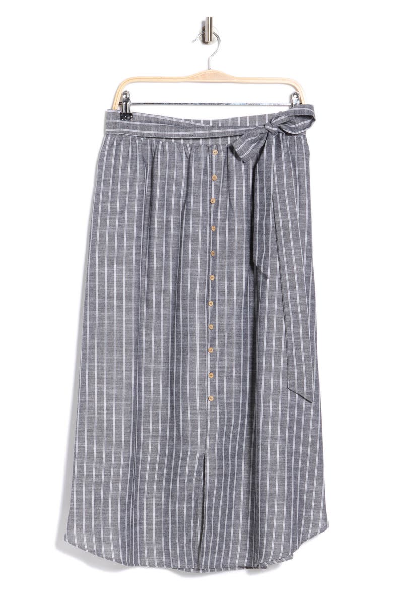 Stripe Tie Waist Linen Blend Midi Skirt, Alternate, color, BLACK