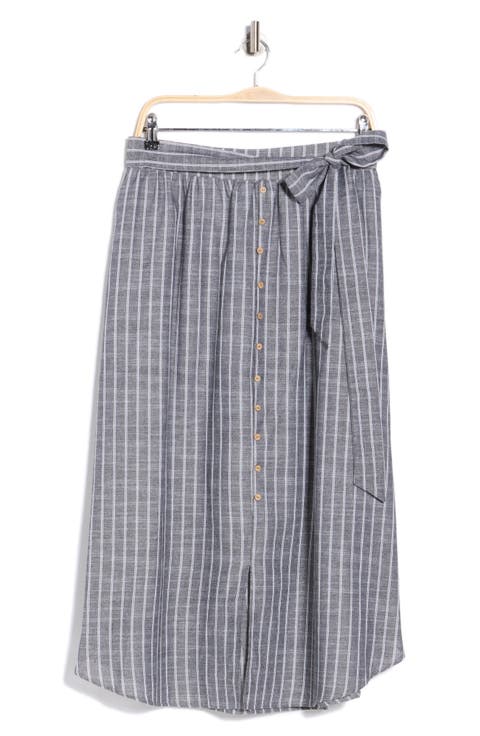 Stripe Tie Waist Linen Blend Midi Skirt (Plus)