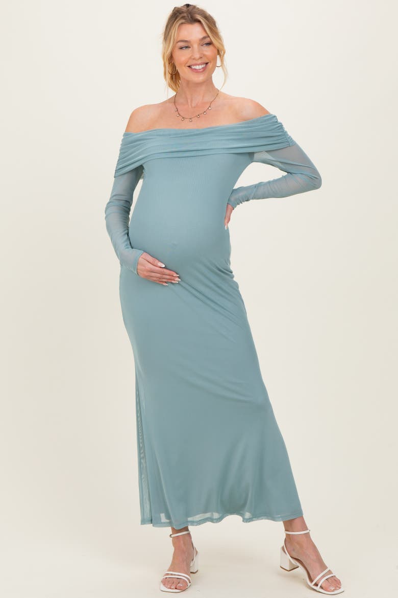 Mesh Overlay Off Shoulder Long Sleeve Midi Dress, Alternate, color, Light Blue