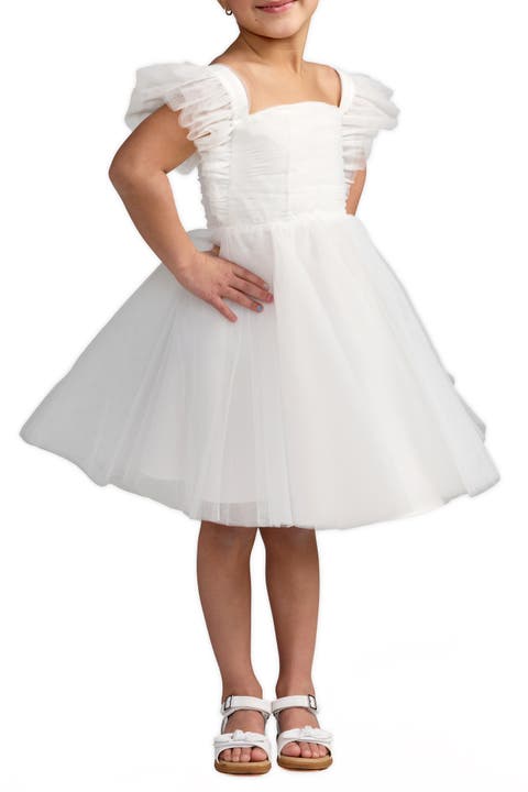 Girls White Ruffle Shoulder Tulle Dress