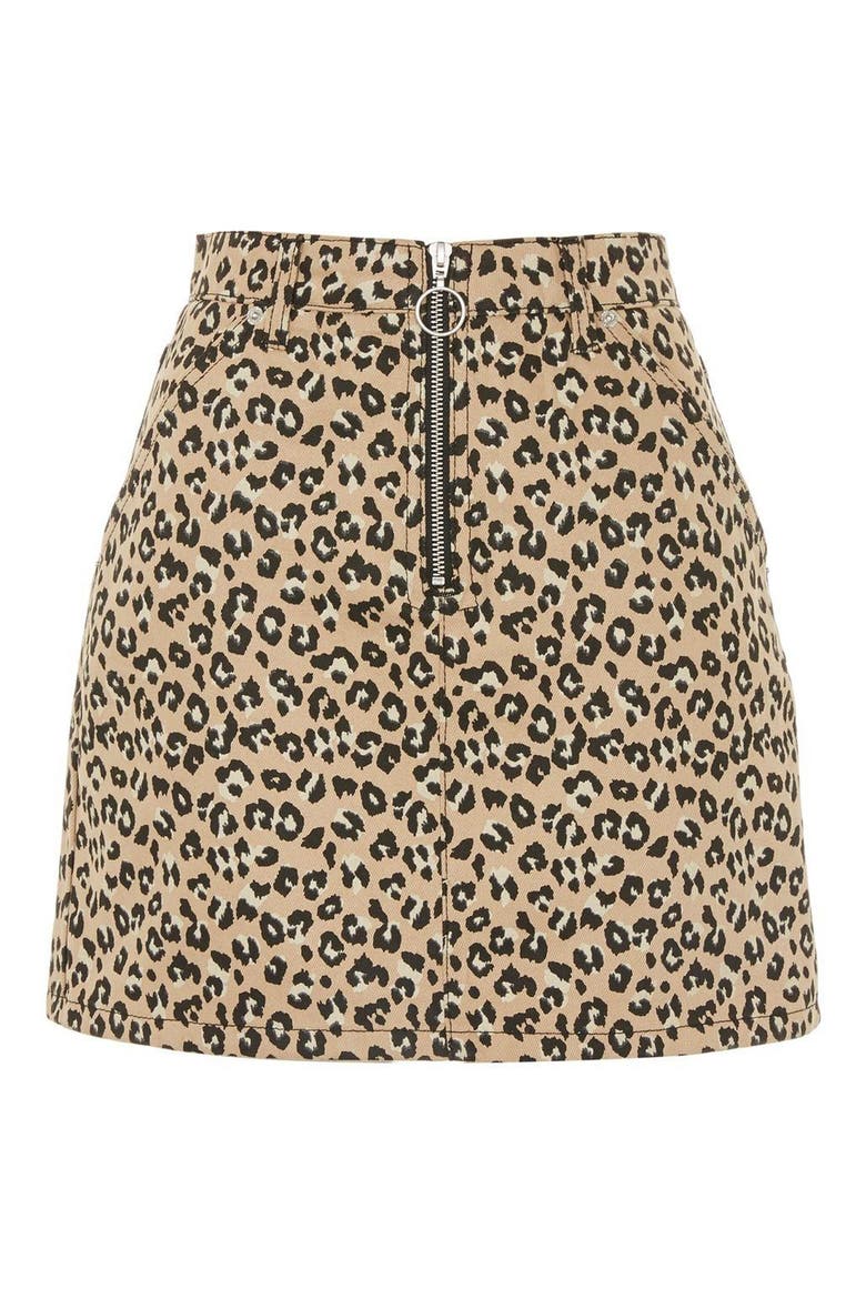 Half Zip Leopard Print Denim Skirt, Alternate, color, TAN MULTI