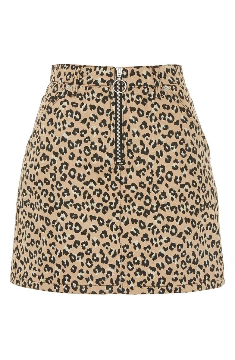 Topshop Half Zip Leopard Print Denim Skirt, Alternate, color, 