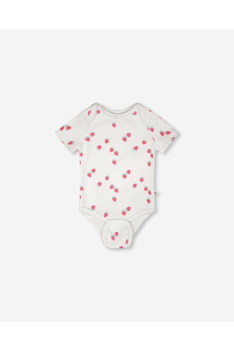 Evolutive Cotton Rib Jersey Strawberries Printed Bodysuit, Alternate, color, White Printed Strawberries