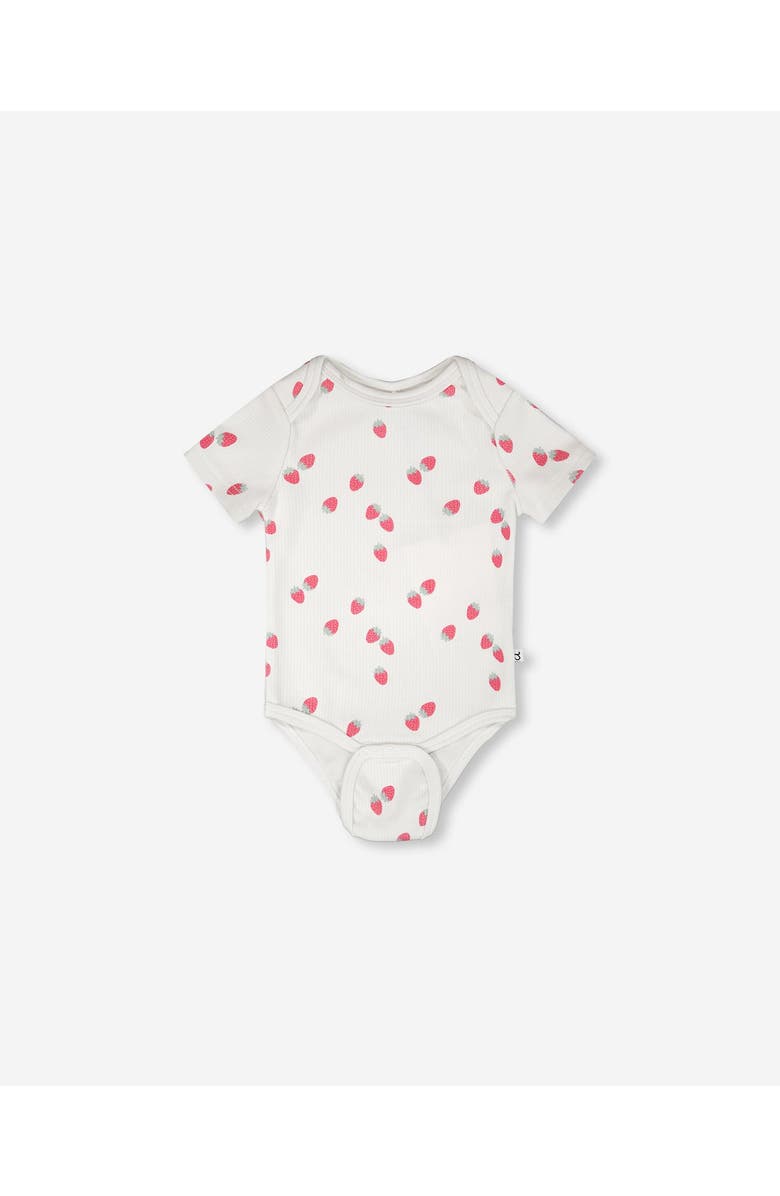 Deux par Deux Evolutive Cotton Rib Jersey Strawberries Printed Bodysuit, Alternate, color, White Printed Strawberries