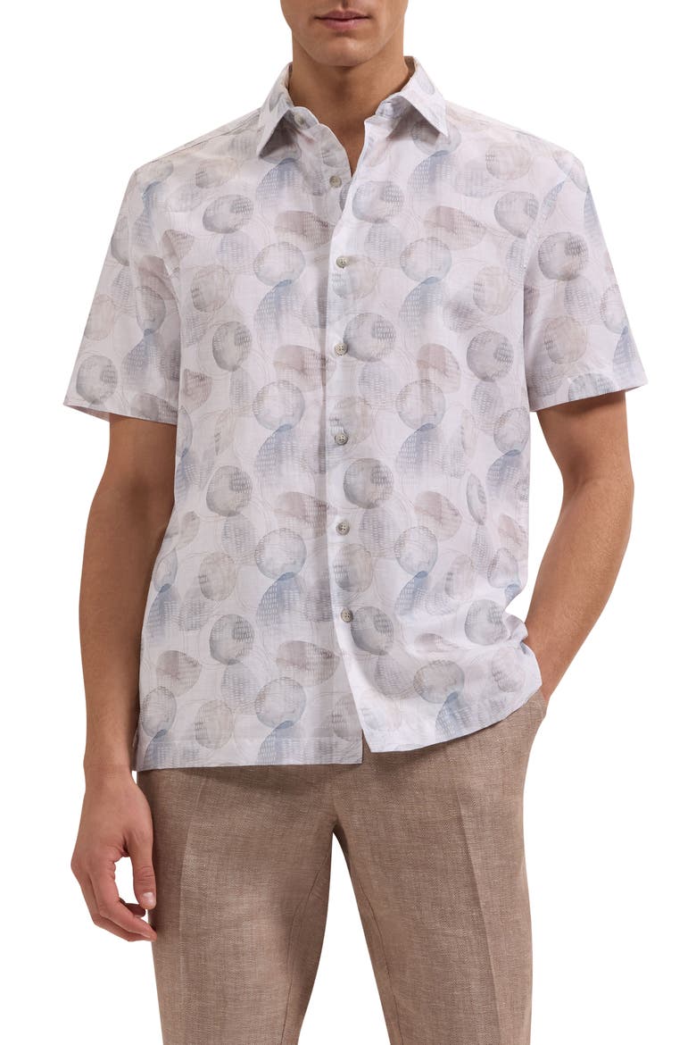 Vero Shaped Fit Abstract Print Short Sleeve Button-Up Shirt, Main, color, PLATINUM