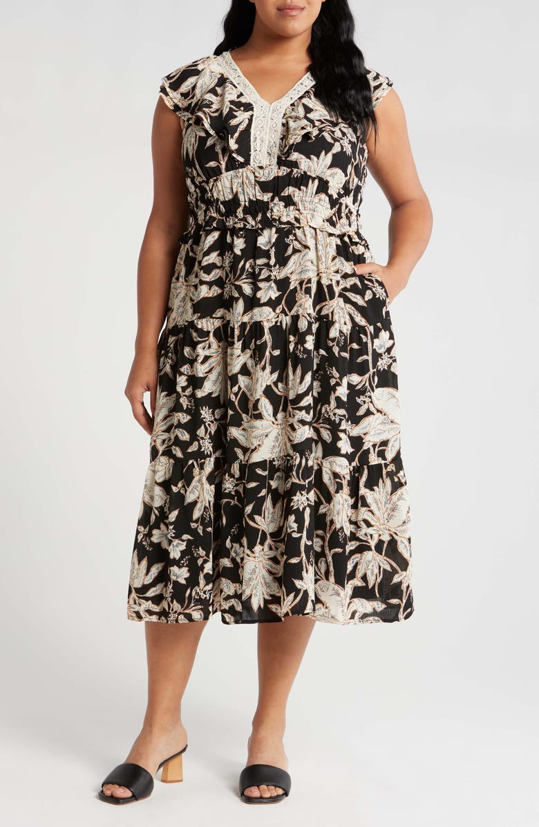 Tahari ASL Foliage Print Cap Sleeve Midi Dress, Main, color, 