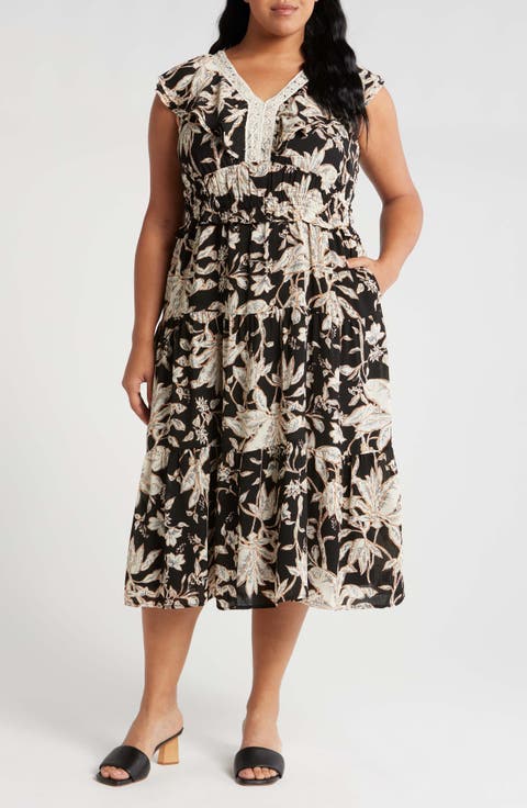 Foliage Print Cap Sleeve Midi Dress (Plus)