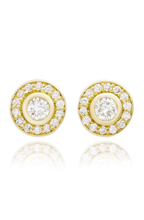 14K Gold Round Diamond Halo Stud Earrings