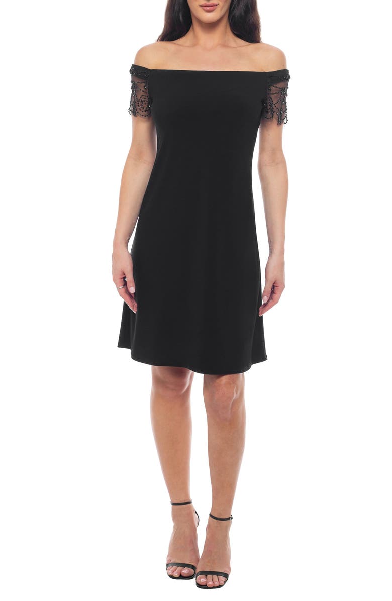 Marina Off the Shoulder Beaded Sleeve A-Line Dress, Main, color, Black