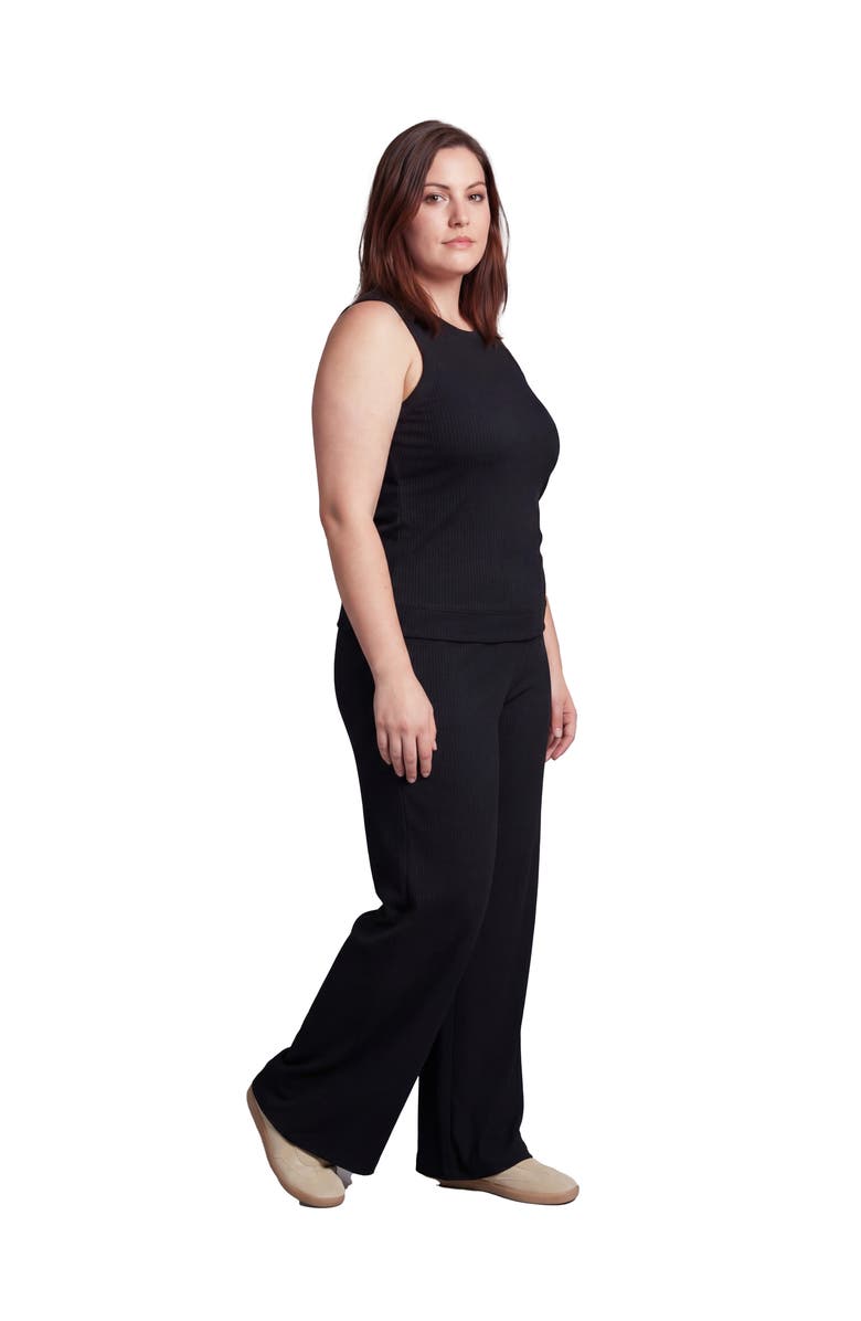24seven Comfort Apparel Curvy Basic Ribbed Knit Tank Top and Elastic Waist Wide Leg Pant Set, Alternate, color, Black