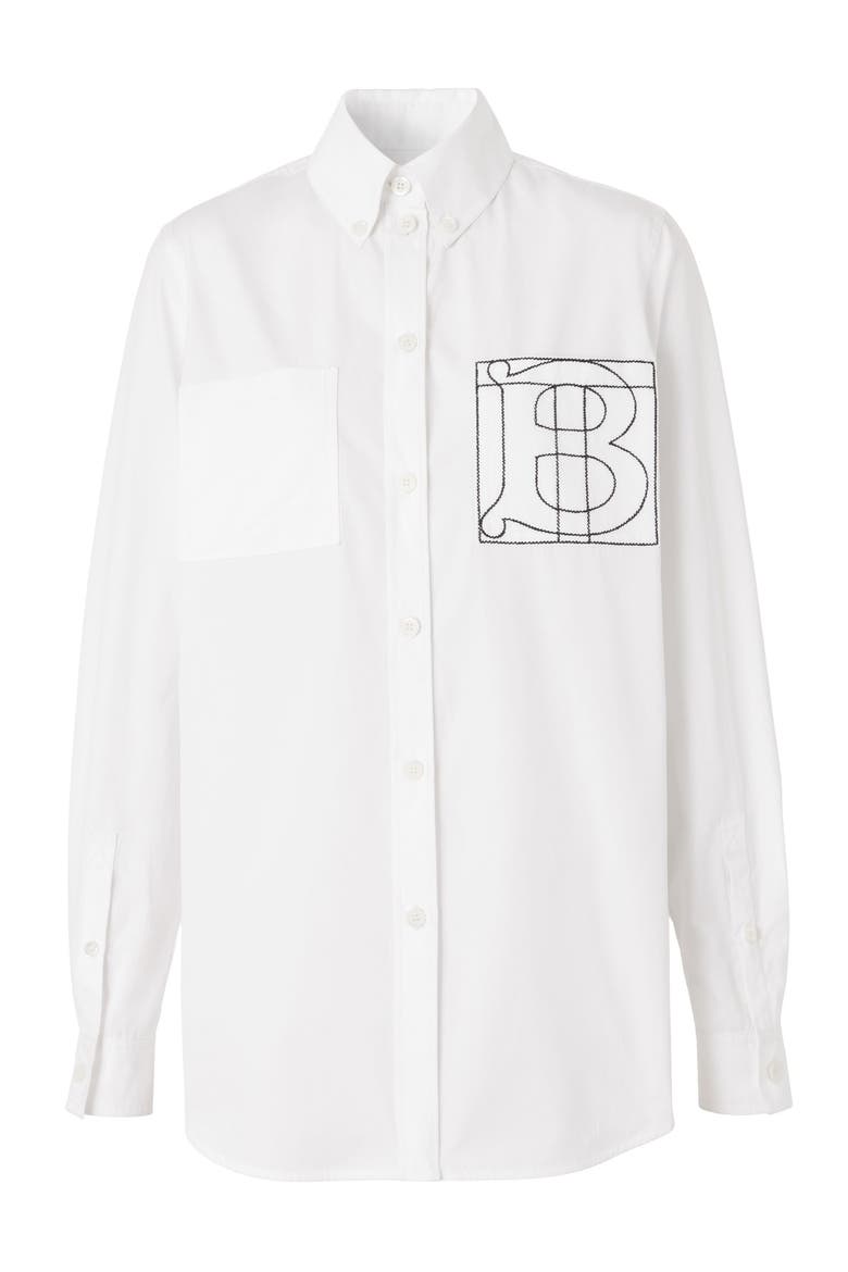 Anette TB Embroidered Cotton Button-Down Shirt, Alternate, color, OPTIC WHITE