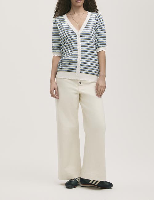 Finery London Willa Short Sleeve Striped Cardigan In Blue