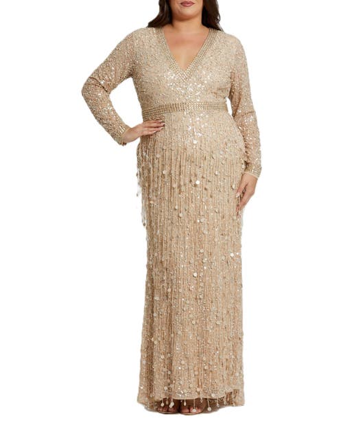 Mac Duggal Embellished Fringe Long Sleeve Gown In Nude Gold