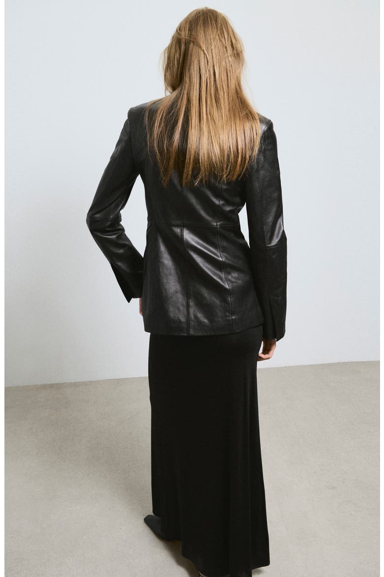 Round Neck Leather Blazer, Alternate, color, BLACK