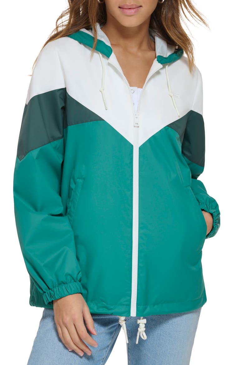 Colorblock Hooded Jacket, Main, color, WHITE/ EMERALD