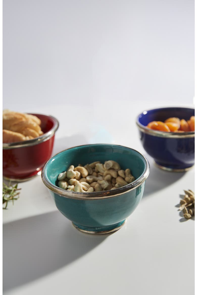 Set of Moroccan Glazed Bowls with Berber Silver Trim, Alternate, color, RED