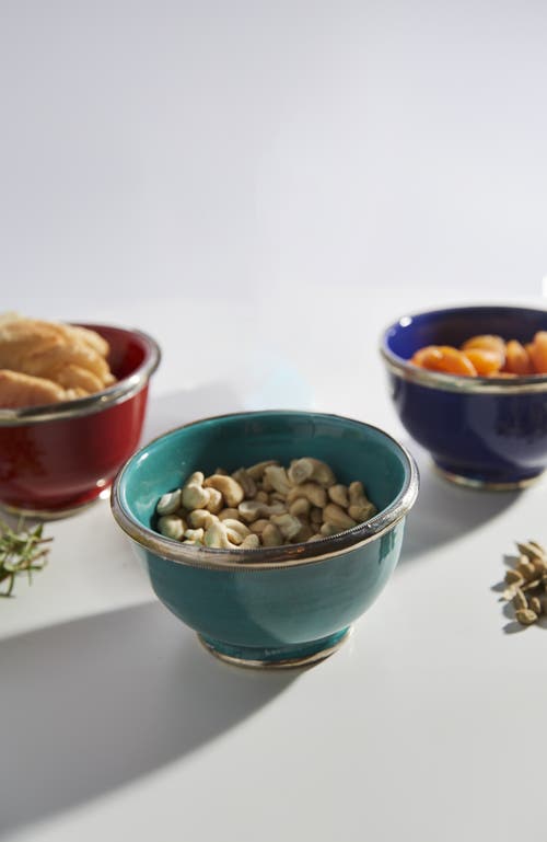 Verve Culture Set Of Moroccan Glazed Bowls With Berber Silver Trim In Multicolor