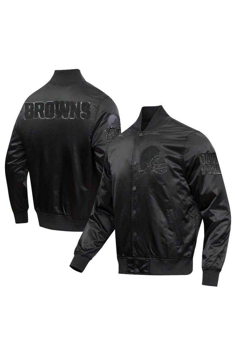 PRO STANDARD Men's Pro Standard Cleveland Browns Triple Black Satin Full-Snap Varsity Jacket, Main, color, 