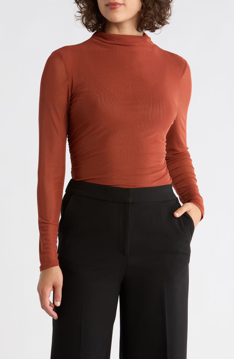 DR2 by Daniel Rainn Long Sleeve Mesh Mock Neck Top, Main, color, Brick