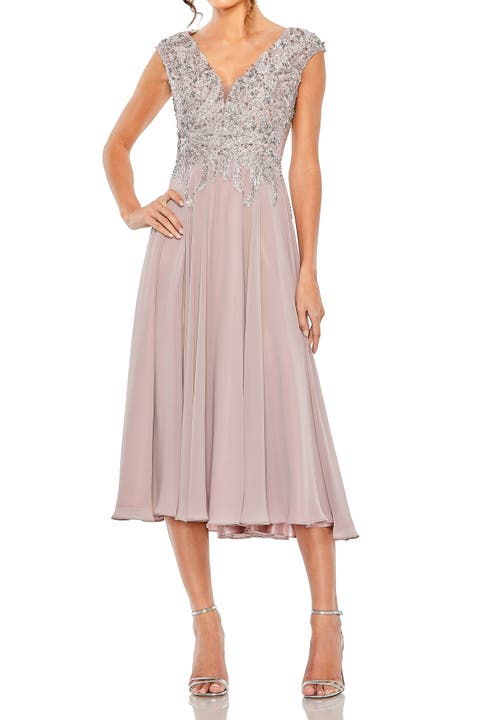 Women's Embroidered Beaded Midi Dress with Cap Sleeves