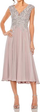 Mac Duggal Women's Embroidered Beaded Midi Dress with Cap Sleeves