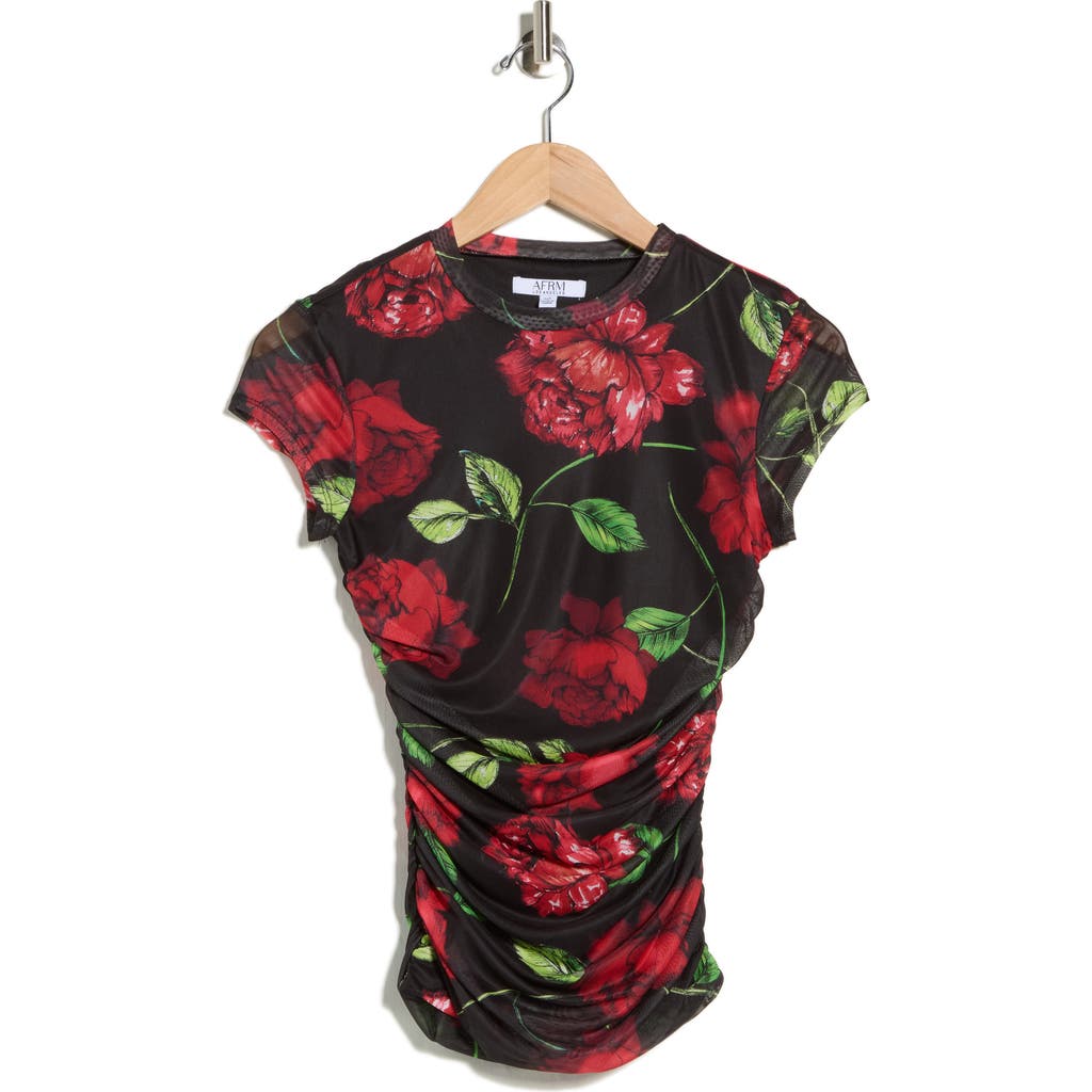 Afrm Los Angeles Lacey Cap Sleeve Ruched Mesh Top In Black