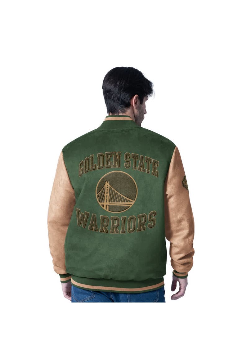 Men's G-III Sports by Carl Banks  Olive Golden State Warriors Infielder Faux Suede Full-Zip Varsity Jacket, Alternate, color, Olive