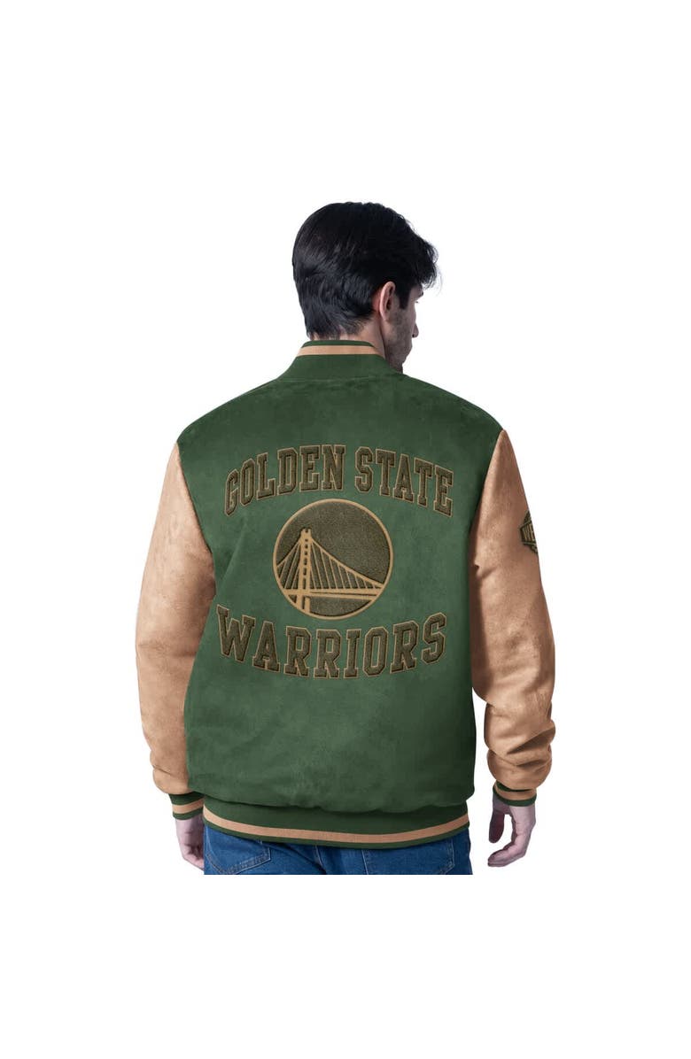G-III SPORTS BY CARL BANKS Men's G-III Sports by Carl Banks Olive Golden State Warriors Infielder Faux Suede Full-Zip Varsity Jacket, Alternate, color, Olive