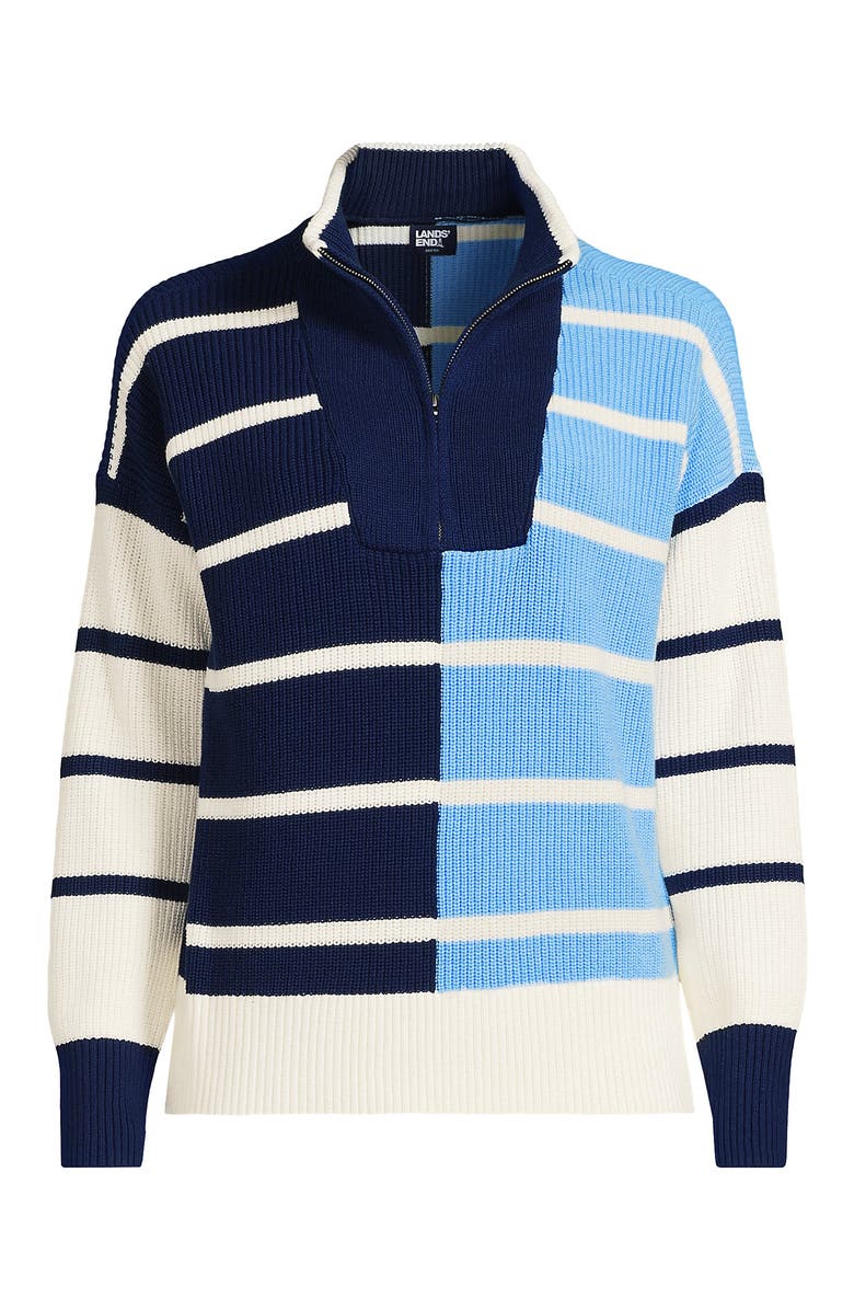 Lands' End Drifter Cotton Quarter Zip Pullover Sweater, Alternate, color, Deep Sea/Fresh Ivory Stripe