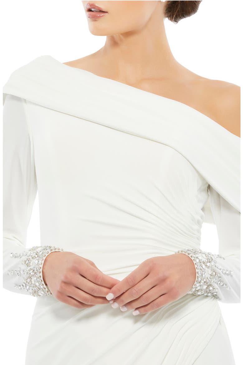 Women's Drop Shoulder Faux Wrap Gown with Beaded Cuffs, Alternate, color, WHITE