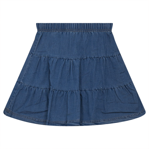 Tiered Denim Short Skirt with Covered Elastic Waistband