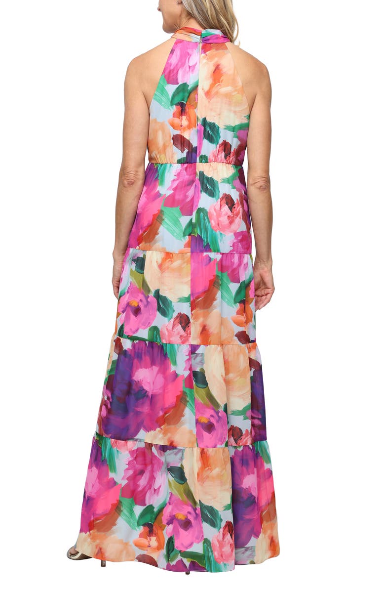 SL FASHIONS Tiered Floral Halter Maxi Dress, Alternate, color, Magenta Multi