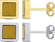 DELMAR Men's Set of 2 Tiger's Eye Square Stud Earrings