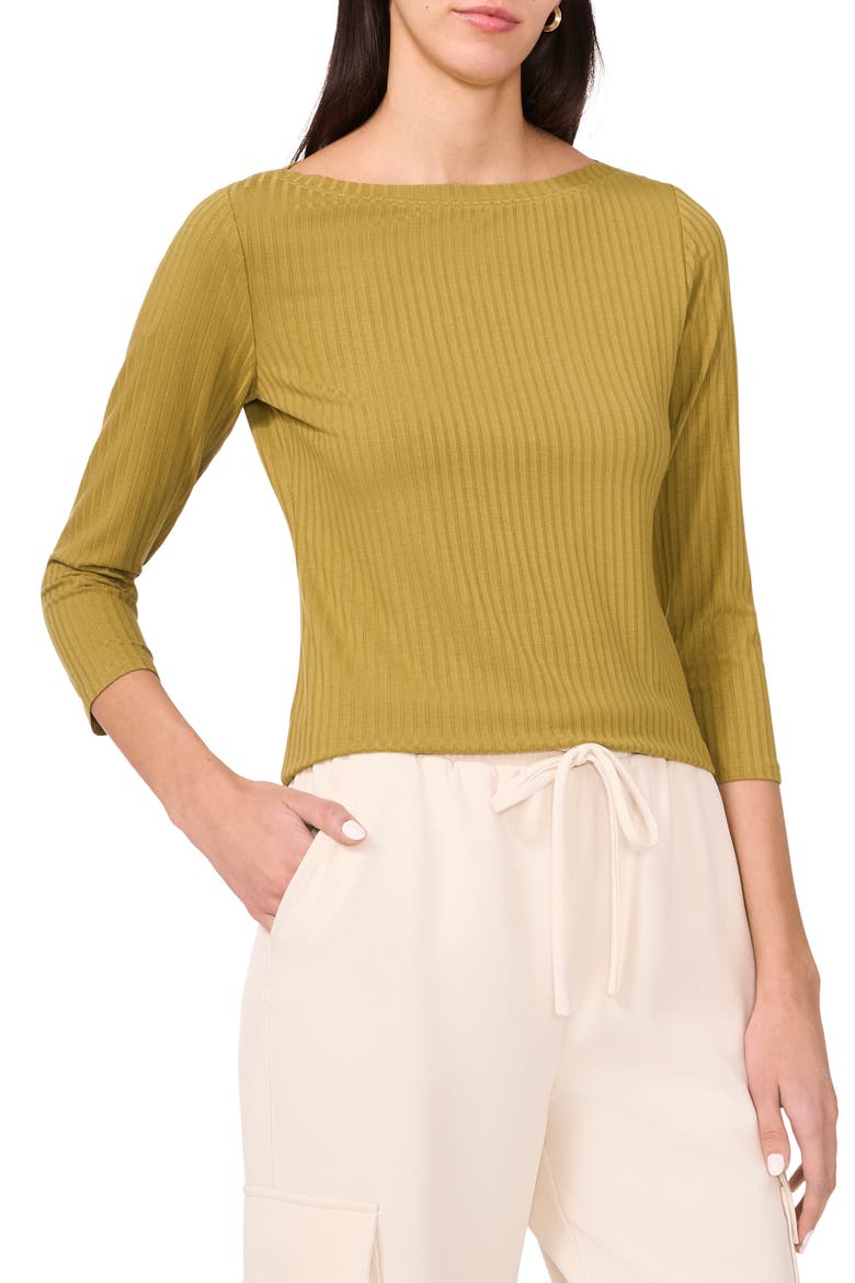 Rib Boat Neck Three-Quarter Sleeve Top, Main, color, GREEN MOSS