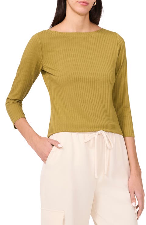 Rib Boat Neck Three-Quarter Sleeve Top