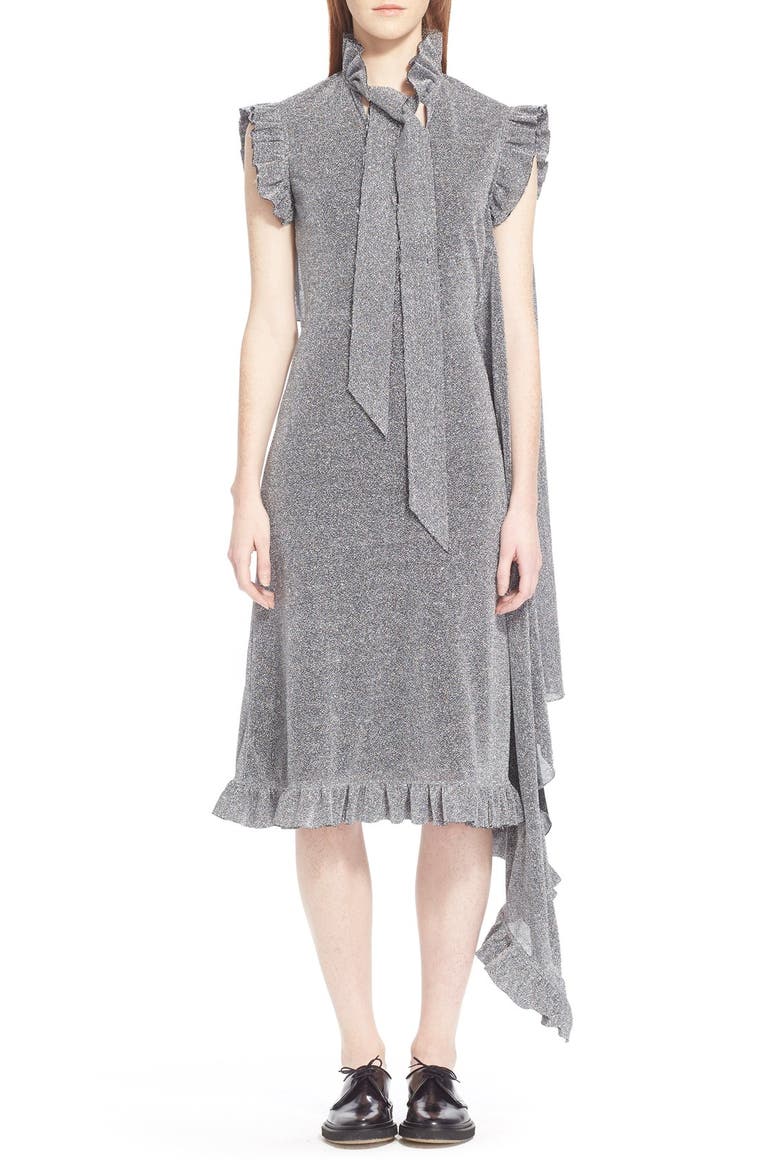 Metallic Ruffle Midi Dress, Main, color, SILVER