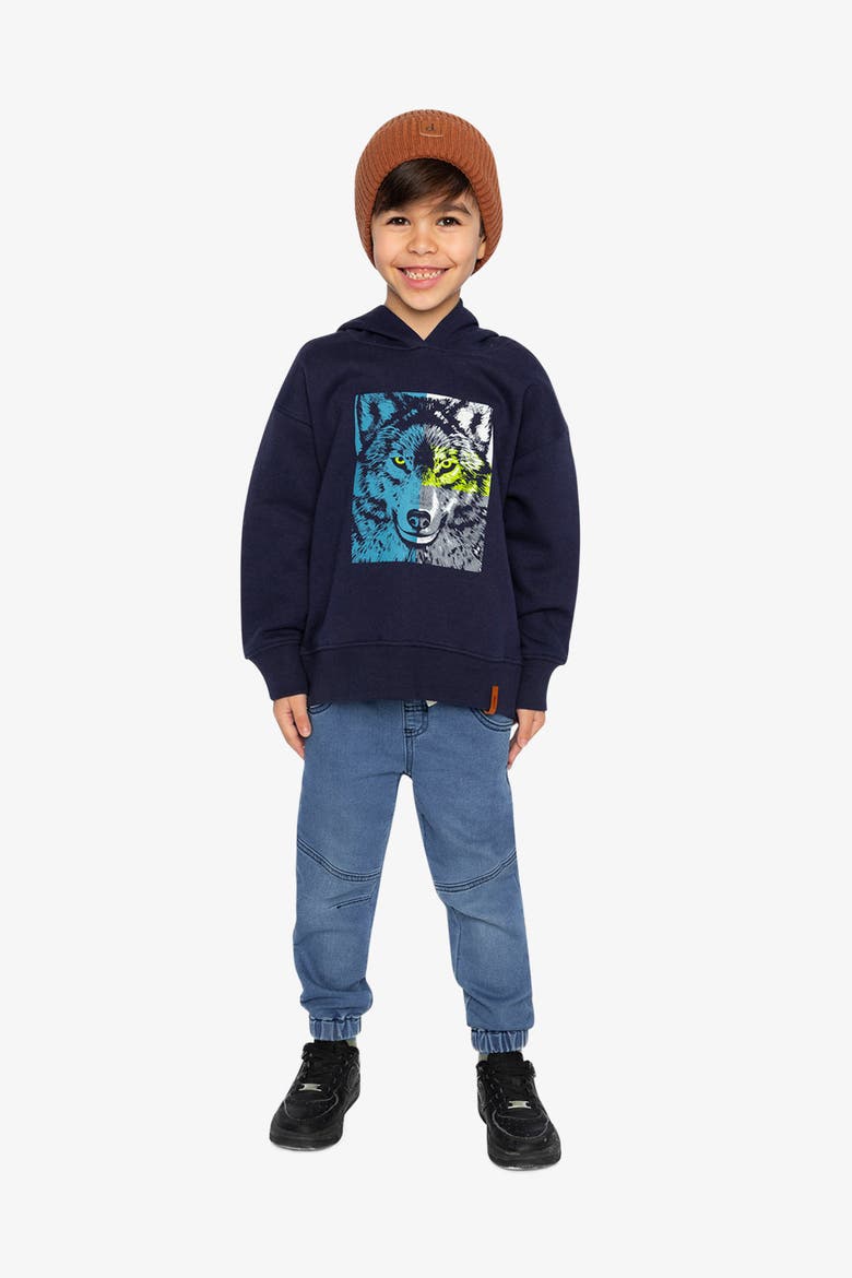 Wolf Graphic Ribbed Cuff Fleece Hooded Sweatshirt, Alternate, color, Dark Blue