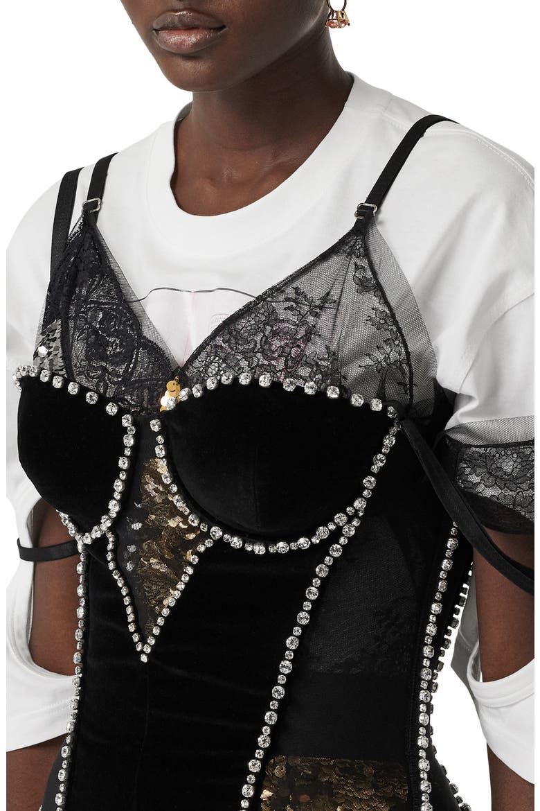 Crystal Embellished Stretch Mesh & Velveteen Corset Top, Alternate, color, BLACK