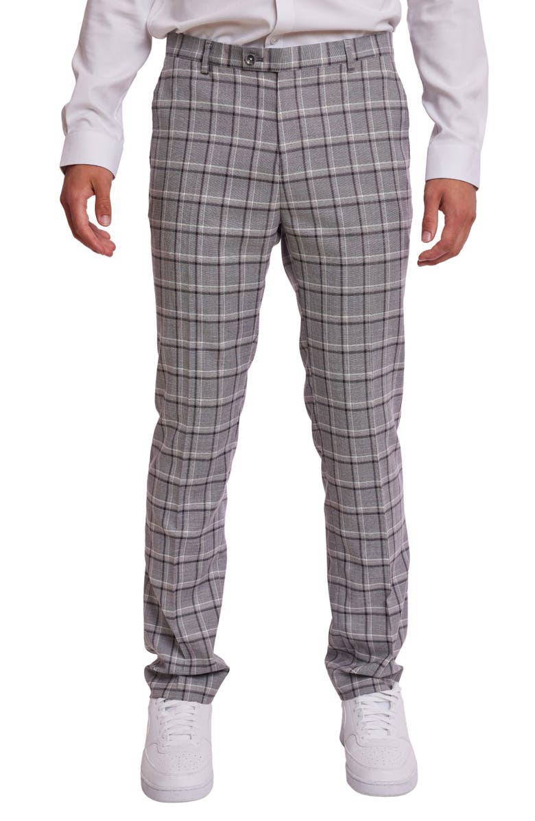 PAISLEY & GRAY Downing Slim Flat Front Windowpane Dress Pants, Main, color, Grey White Peach Check