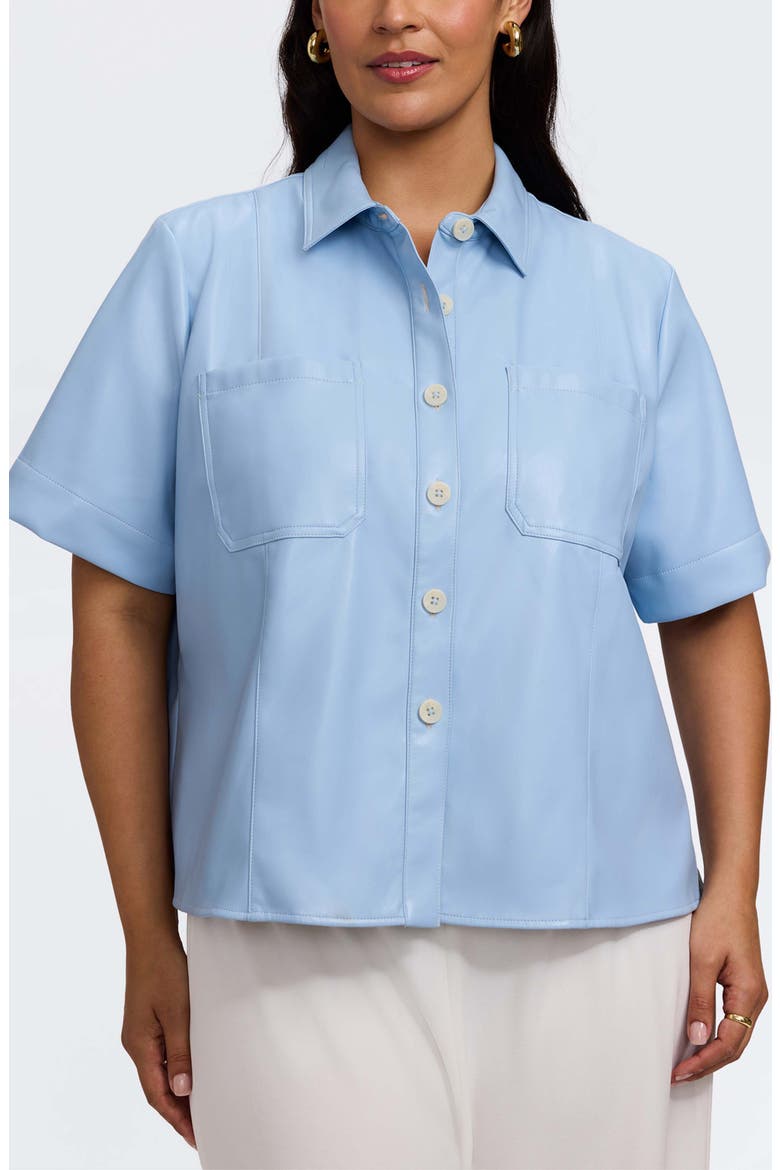 Demi Elbow Sleeve Faux Leather Button-Up Shirt, Main, color, SKY BLUE