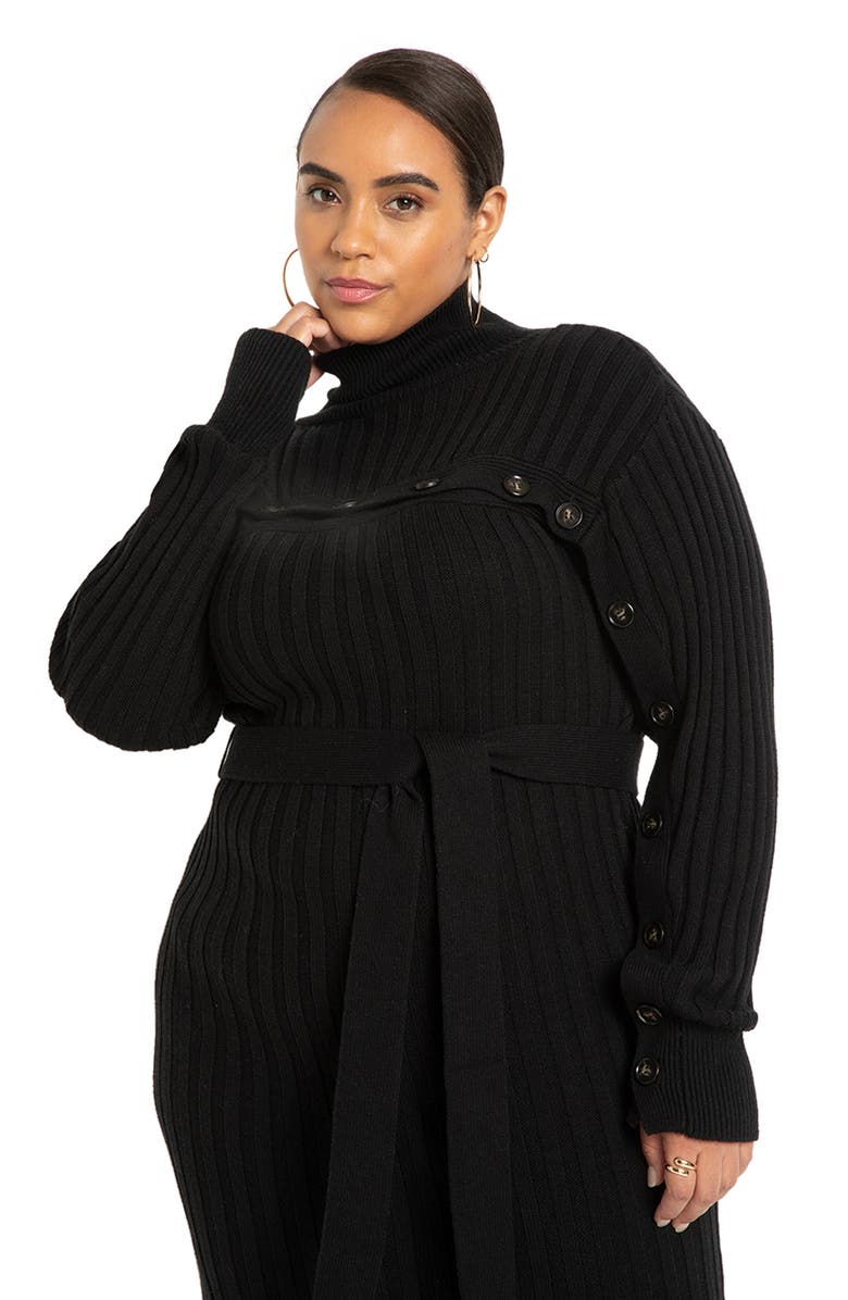 ELOQUII Button Detail Rib Sweater Dress, Alternate, color, 