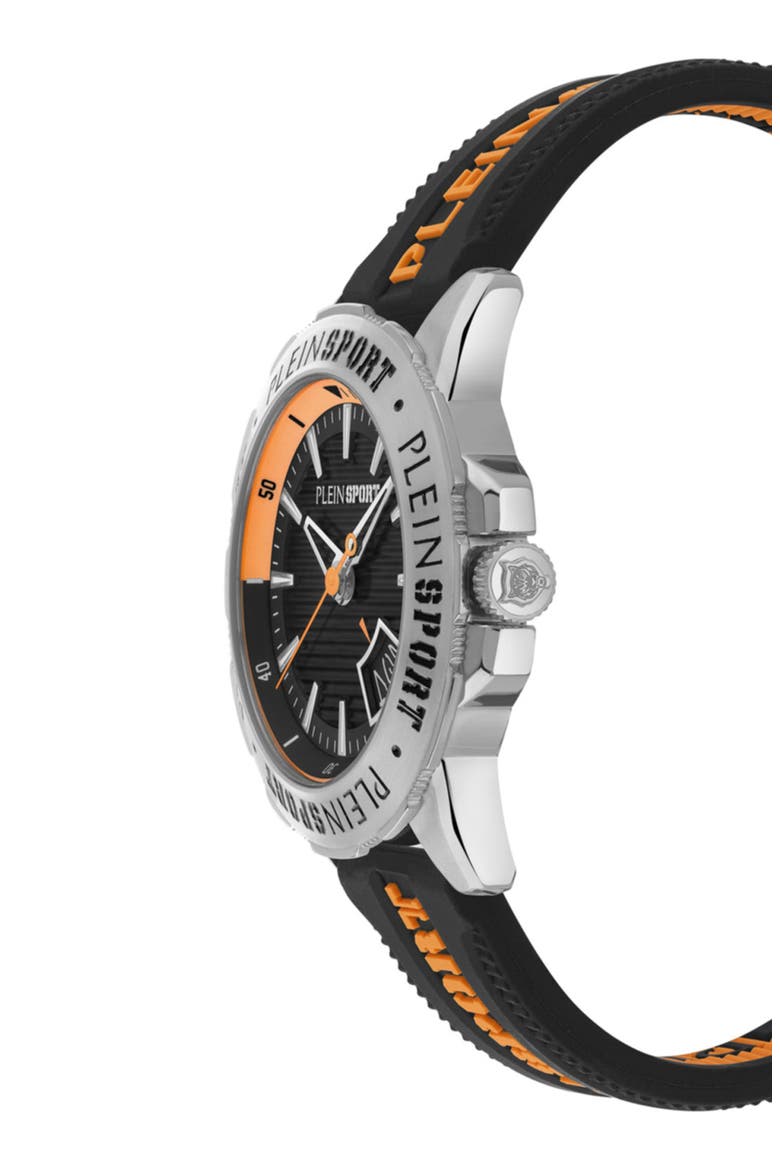 Rampage Silicone Strap Watch, 44mm, Alternate, color, BLACK/ ORANGE/ STEEL
