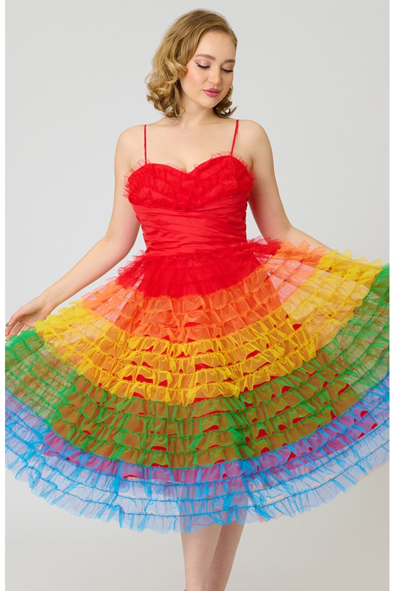 Tulle Sweetheart Cupcake Swing Dress, Alternate, color, Red Rainbow Stripe