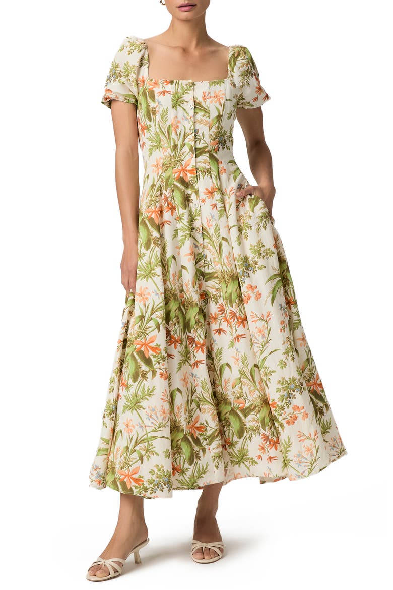 Lindi Floral Puff Sleeve Button Front Silk & Linen Maxi Dress, Main, color, OYSTER WHITE MULTI