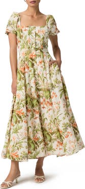 PAIGE Lindi Floral Puff Sleeve Button Front Silk & Linen Maxi Dress