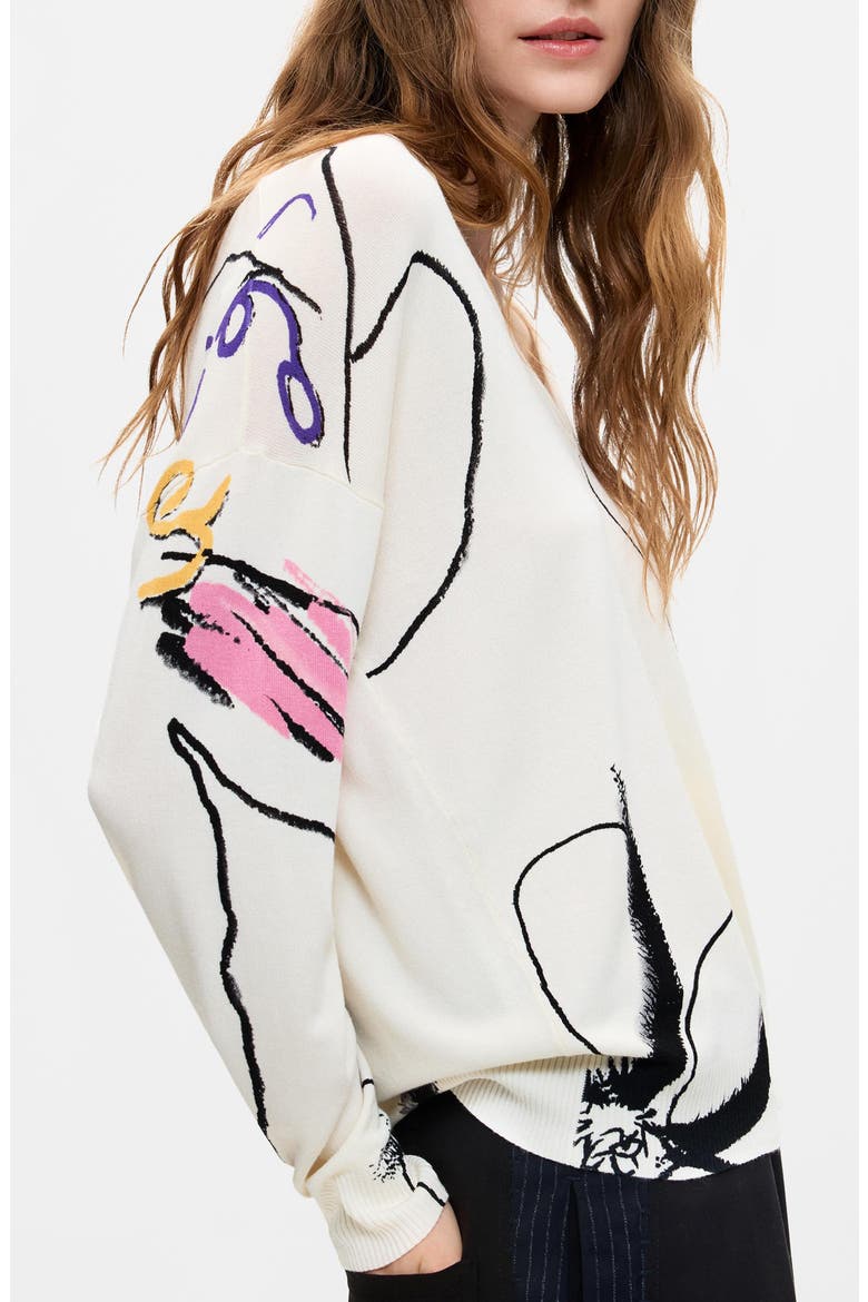 Floral V-Neck Sweater, Alternate, color, WHITE