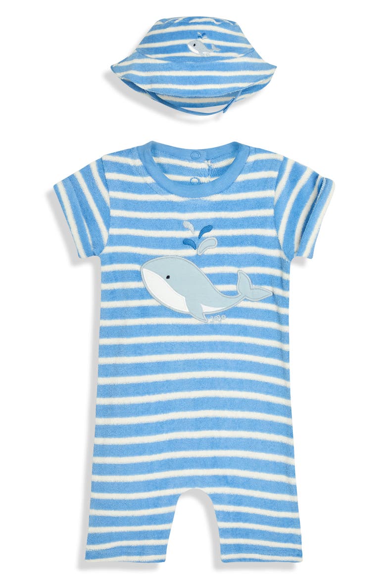 Whale Appliqué Stripe Terry Cloth Romper & Hat Set, Main, color, BLUE
