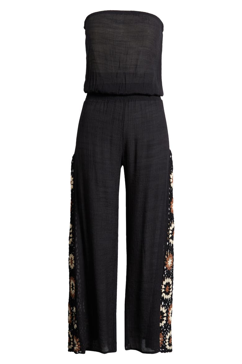 Crochet Inset Strapless Cover-Up Jumpsuit, Alternate, color, BLACK MULTI