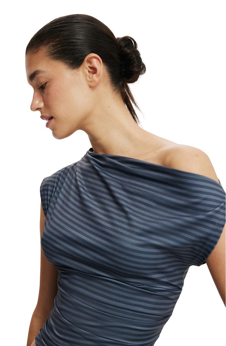 Cotton On Women's Georgie Off Shoulder Short Sleeve, Alternate, color, Madi Stripe Moonlight Shadow